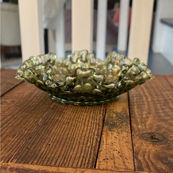 Vintage Ruffled Green Fenton Glass Bowl - Picture 2 of 4
